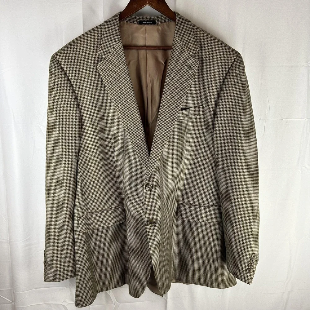 Chaps Blazer Mens 48L‎ Brown Houndstooth 100% Silk Sport Coat Two Button Jacket